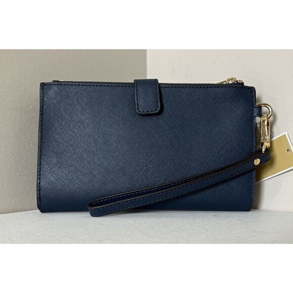 New Michael Kors Jet Set Travel Double Zip Wallet Saffiano Leather Navy - Picture 3 of 5